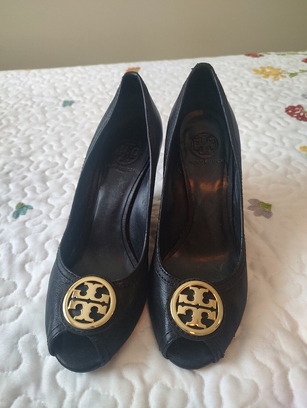 Tory Burch Black Leather Peep-Toe Pumps with Gold Logo Medallions